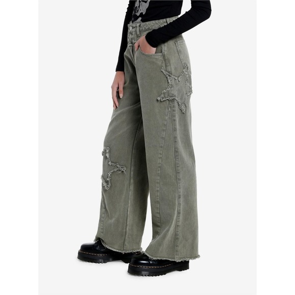Hot Topic Green Distressed Star Wide Leg Raw Hem Denim Pants Womens Small Grunge - Picture 1 of 15